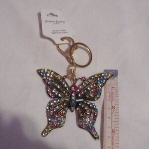 NWT Butterfly Keychain Rhinestones Goldtone